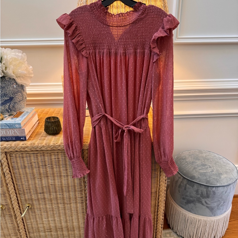 English Factory Red Ruffled Smocked Long Sleeve Dress